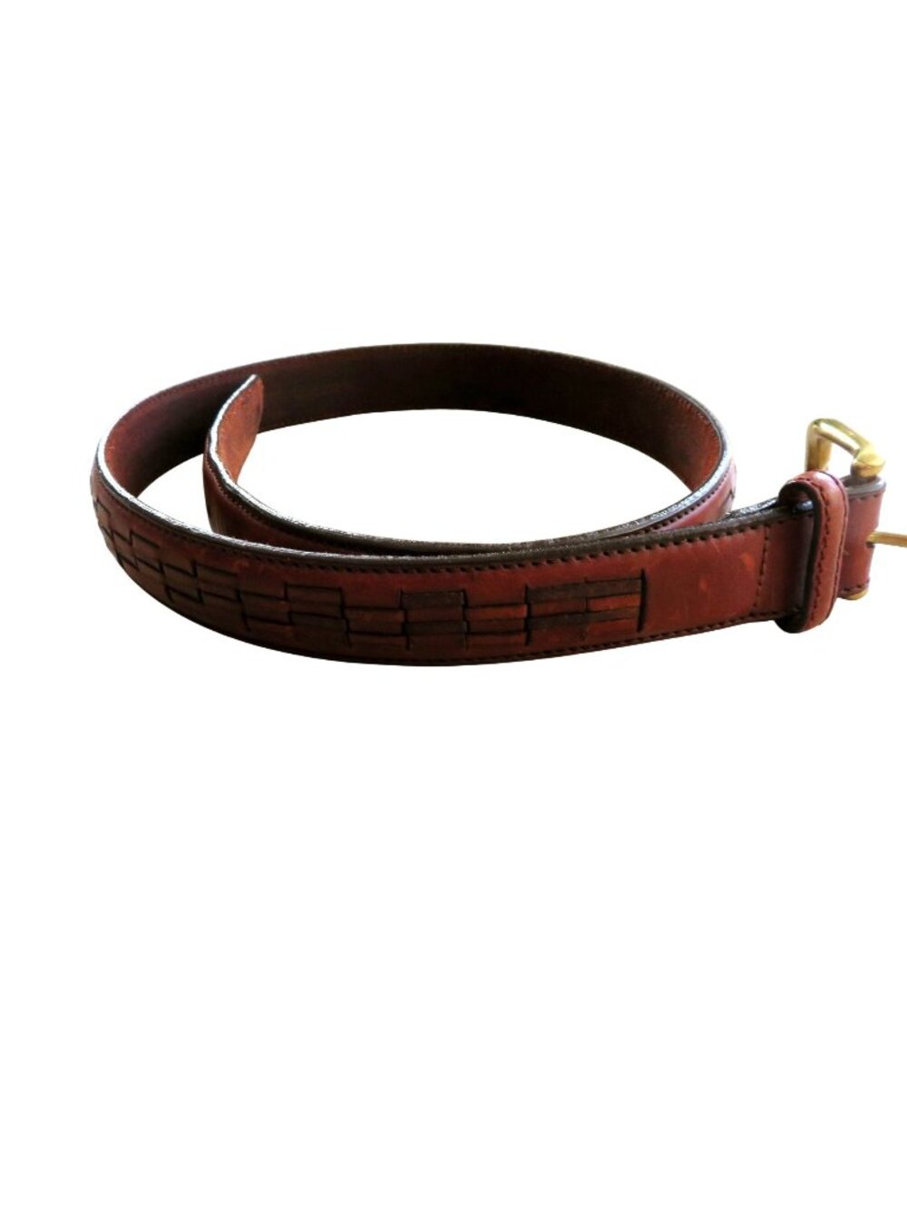 Vintage Brown Thick Leather Belt Brass Buckle Woven Detailing - Size 32
